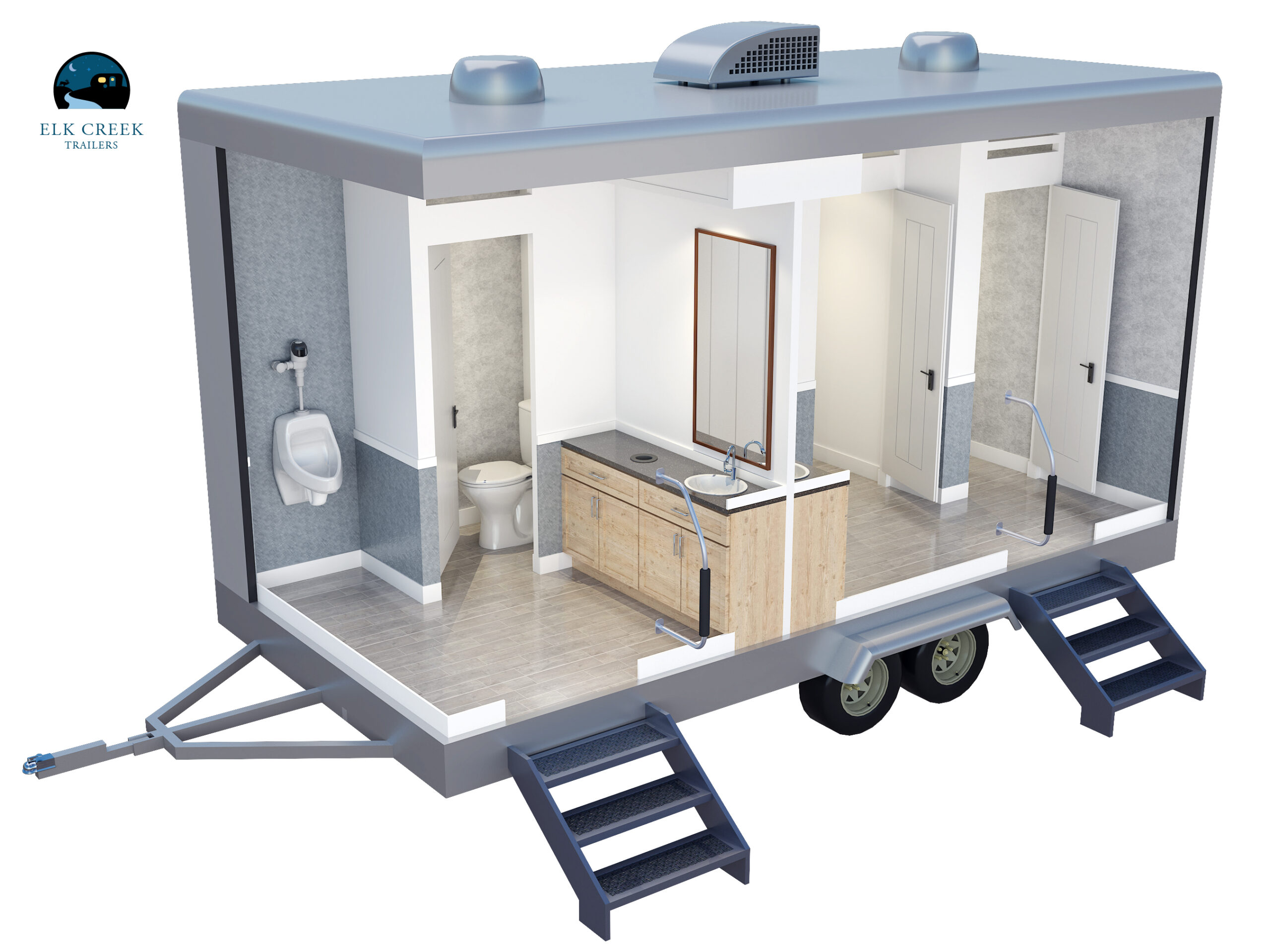 Overhead view of a 4 stall restroom trailer