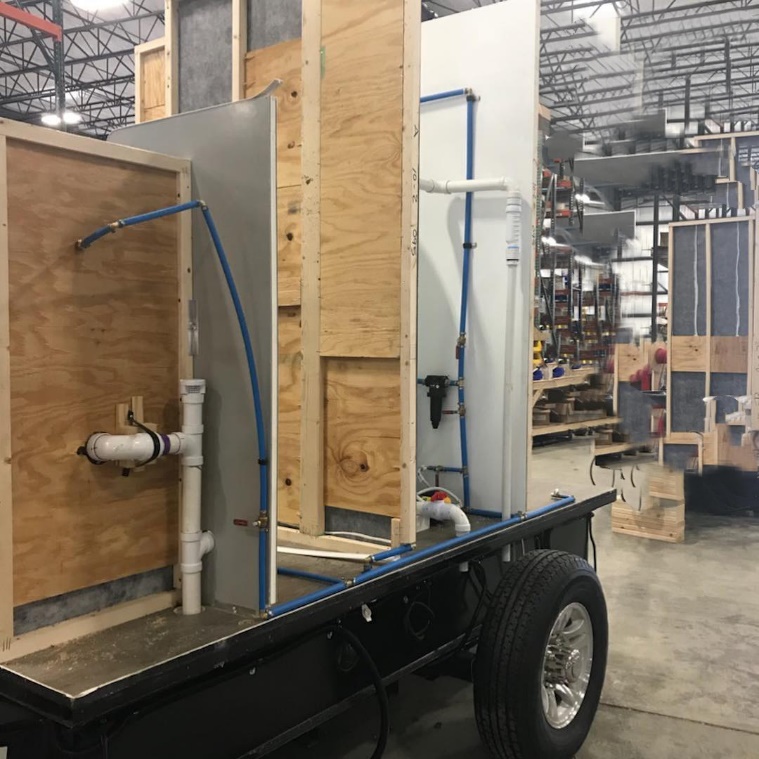 restroom trailer built using cheap wooden frame