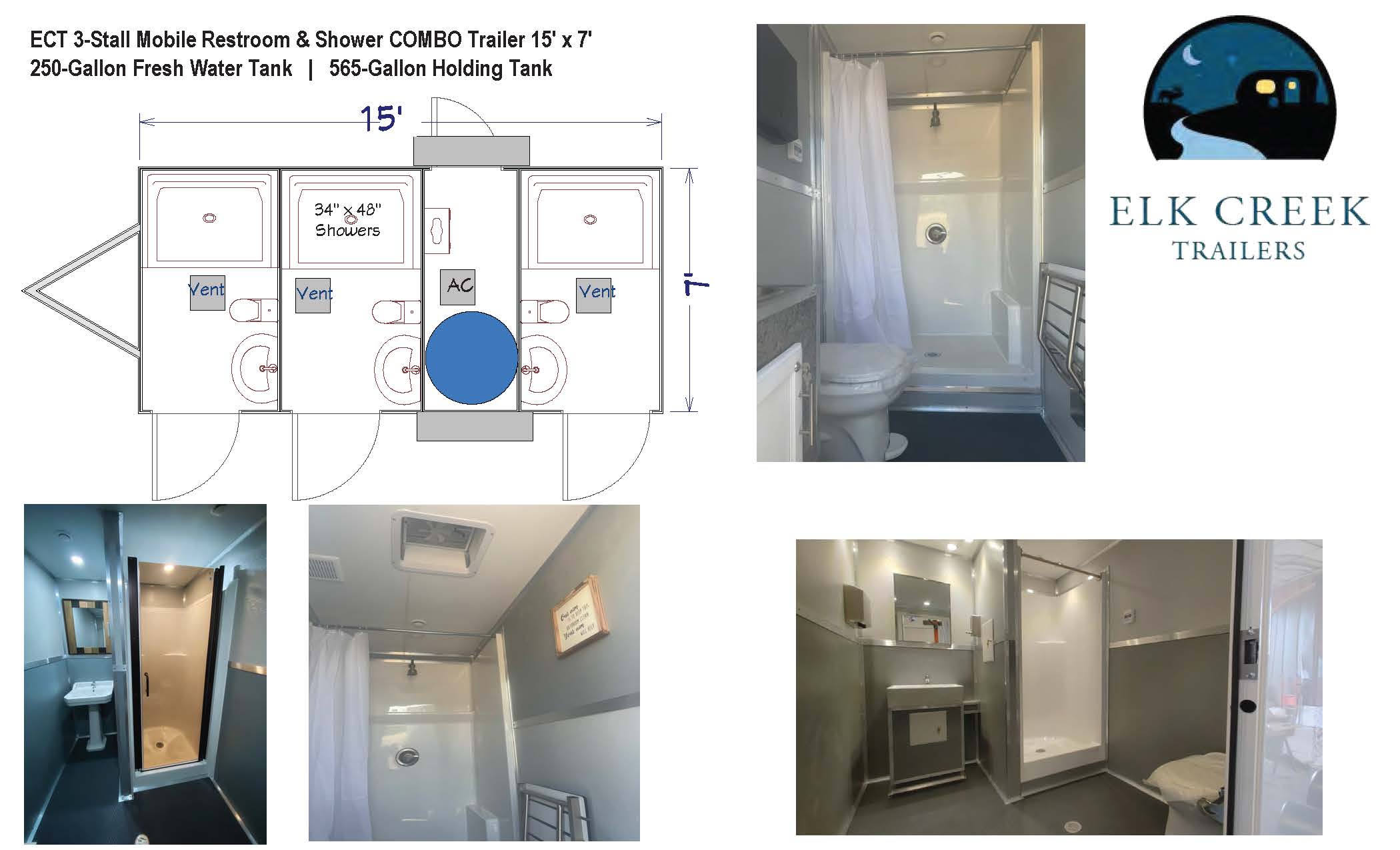 3-Stall Restroom/Shower COMBO Trailer 15' x 7'