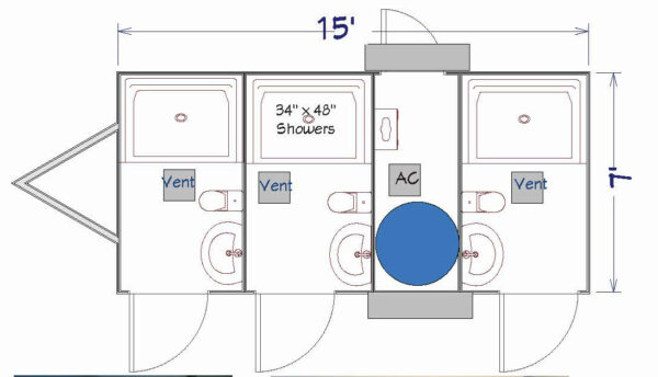 3-Stall Restroom/Shower COMBO Trailer 15' x 7'