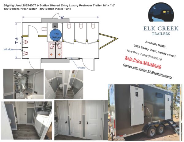 Slightly Used 2023-ECT 6 Station Shared Entry Luxury Restroom Trailer 16' x 7.6'