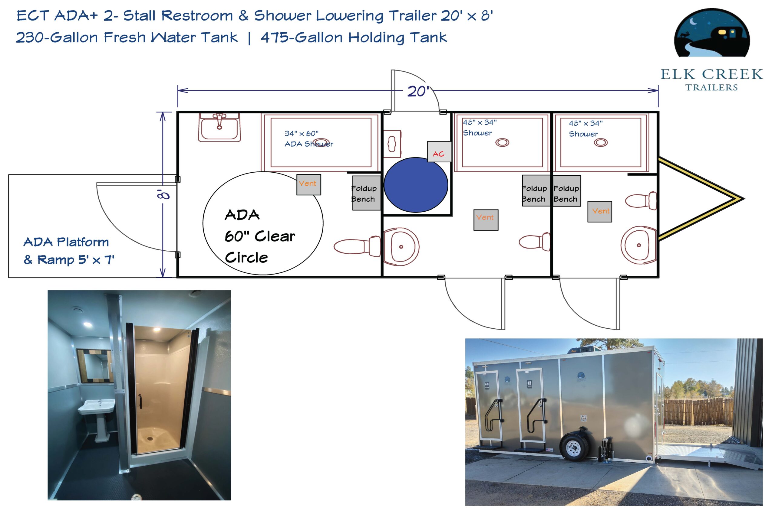 ECT ADA+ 2- Stall Restroom & Shower Lowering Trailer 20' x 8'