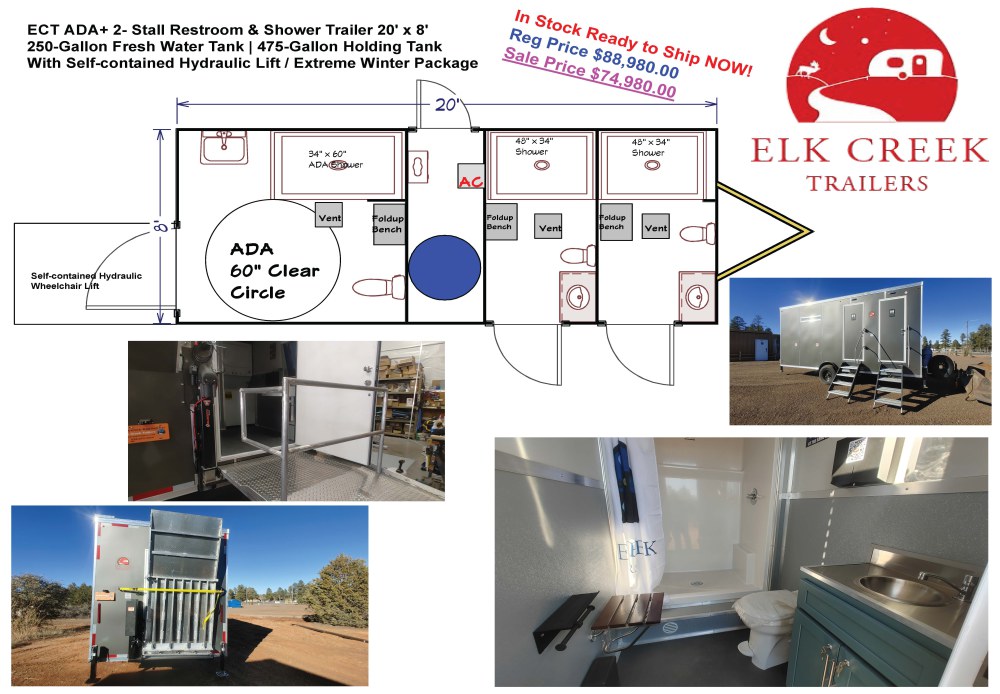 ADA+ 2 Stall Restroom/Shower Trailer Hydraulic Wheelchair Lift Extreme Winter Package 20' x 8'